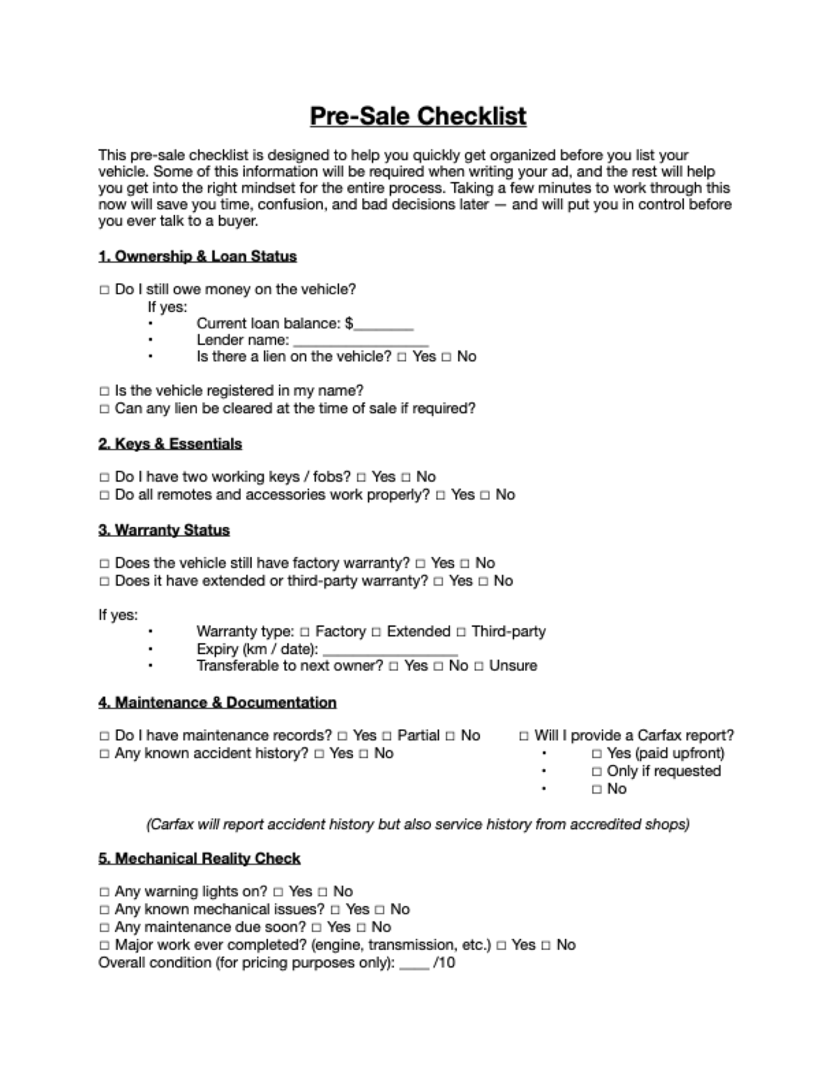 Page one of the Pre-Sale Checklist