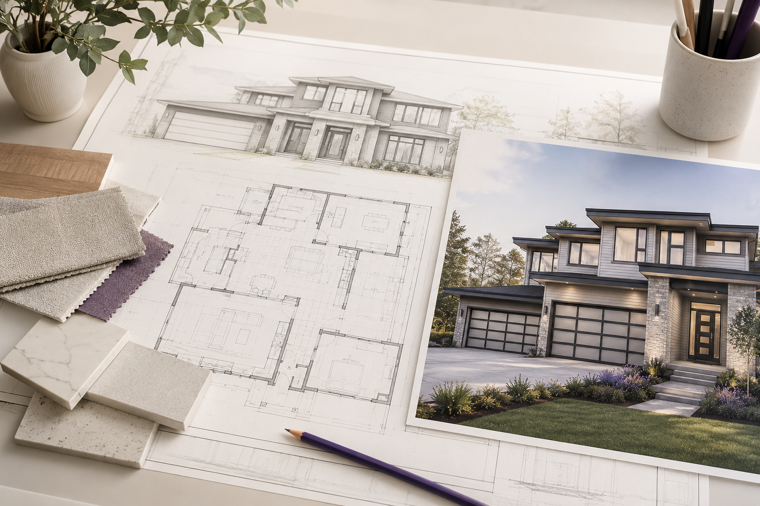 Architectural plans, material samples and final home rendering on a designer's desk
