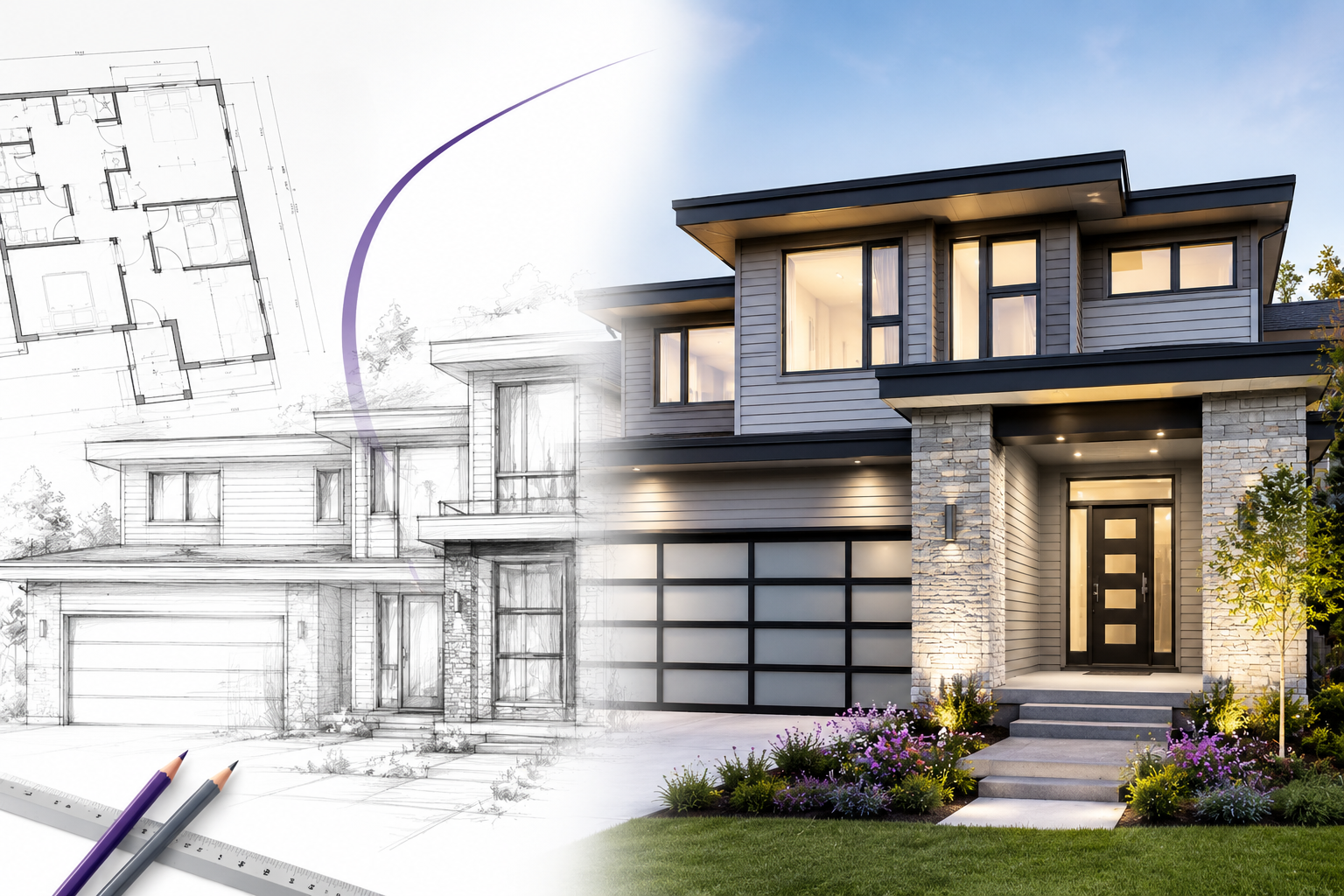 Hand-drawn sketch of a home transforming into a finished modern residence