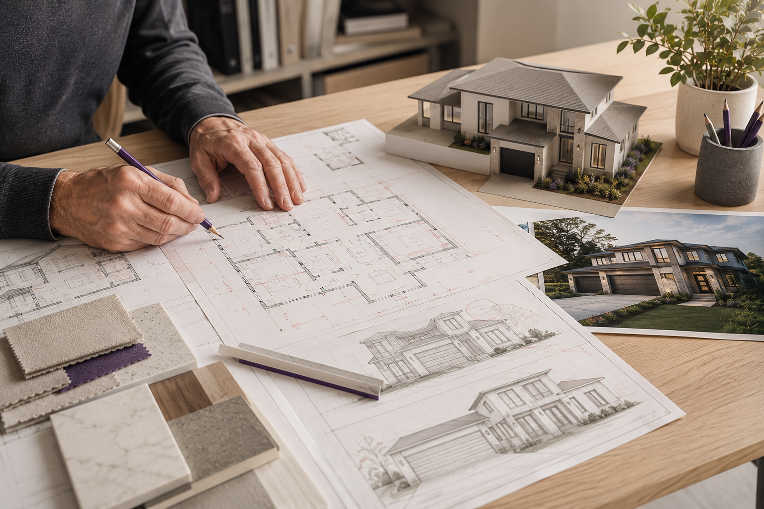 Residential designer reviewing custom home plans on a drafting table