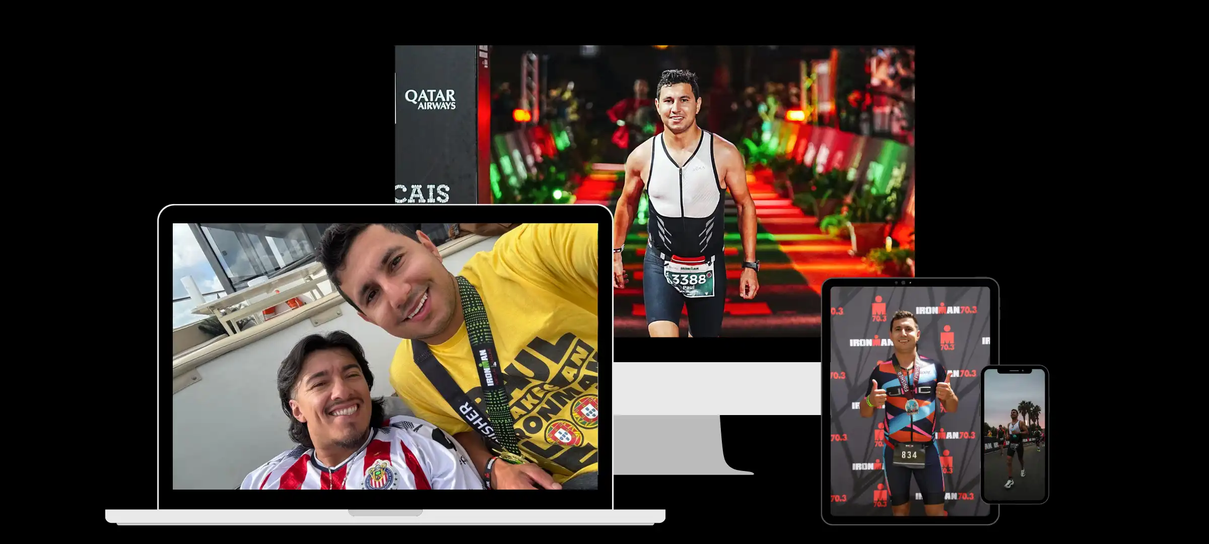 images of a desktop computer, laptop, ipad, and iphone showing paul el zoghbi and athletes within trifocus coaching on their endurance journey