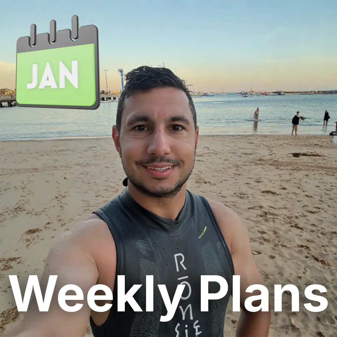 Paul El Zoghbi after his swimming workout on the beach with a headline that says weekly plans