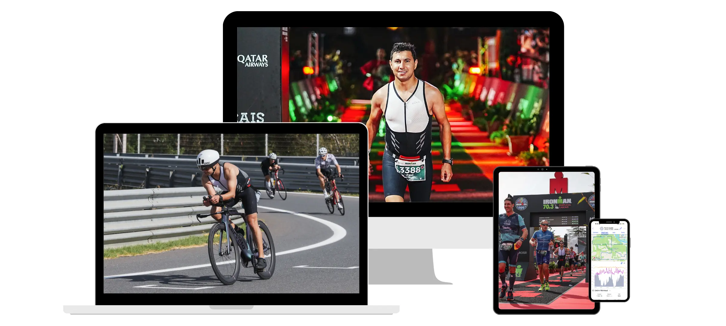 images of a desktop computer, laptop, ipad, and iphone showing paul el zoghbi and athletes within trifocus coaching on their endurance journey