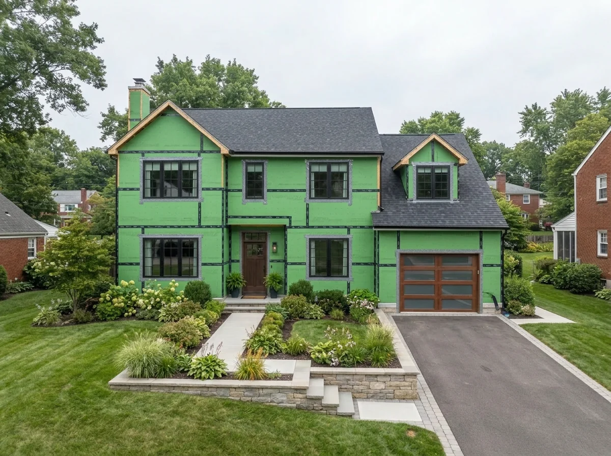 Example: the same home wrapped in green drainage house wrap before the new siding goes on