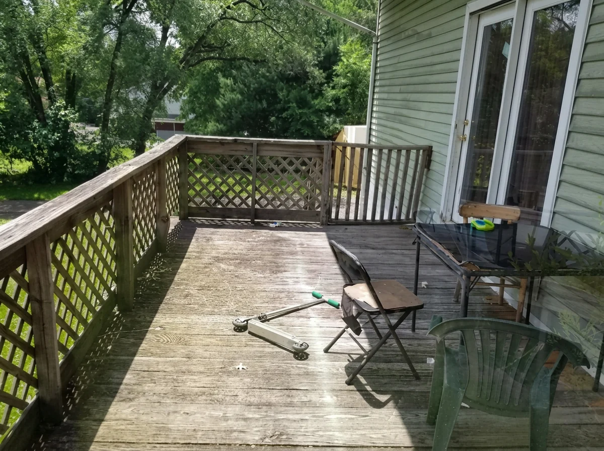 Worn, splintered boards and a dated lattice railing.