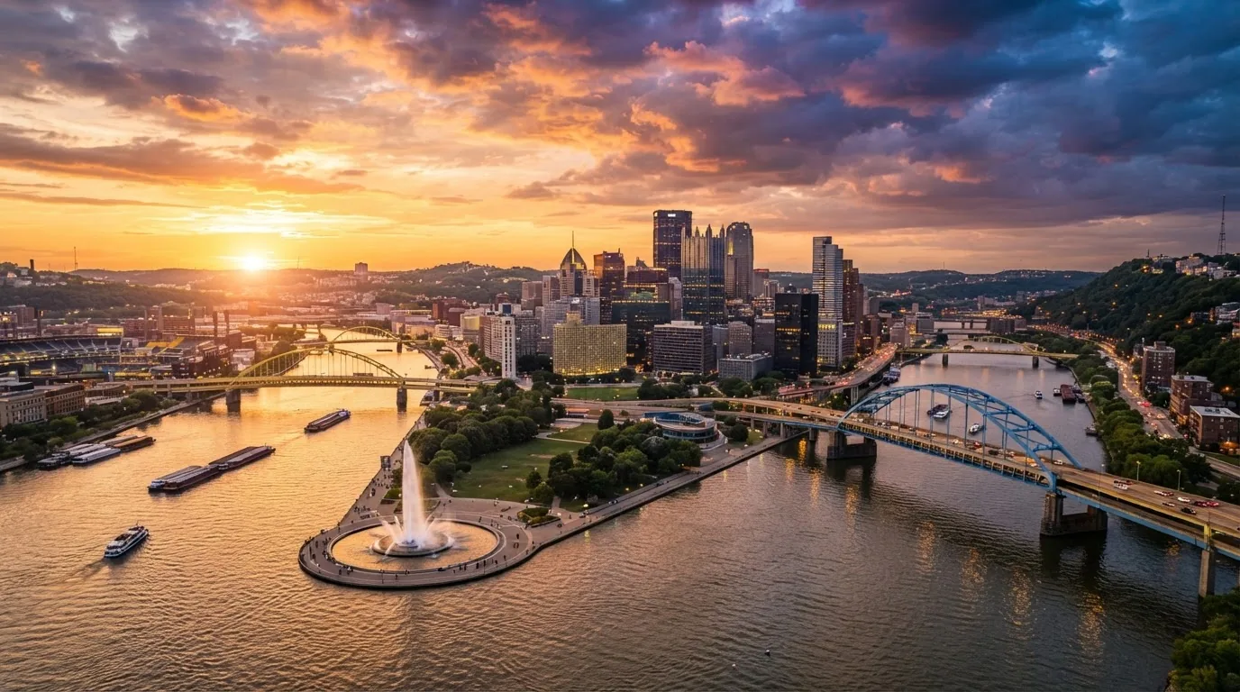 The Pittsburgh skyline at the Point where the Allegheny and Monongahela rivers meet at golden hour