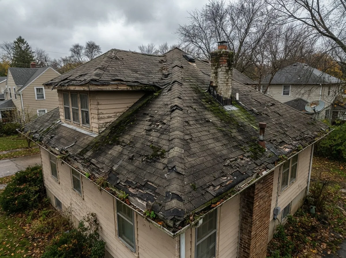 A weathered roof with storm damage and missing shingles