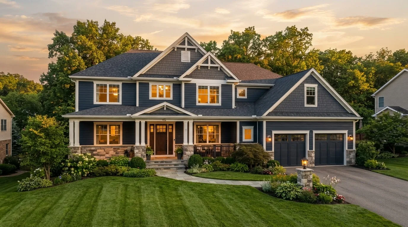 A suburban Pittsburgh family home at golden hour with a new roof and siding