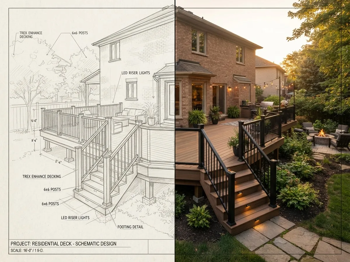 Deck design sketch transforming into the finished deck