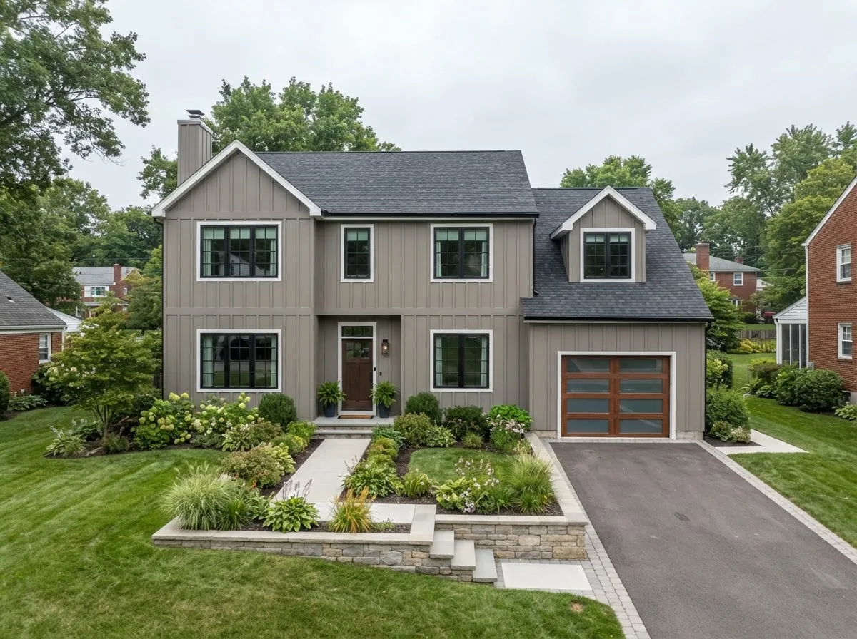 Siding example after: same home finished with vertical board and batten siding