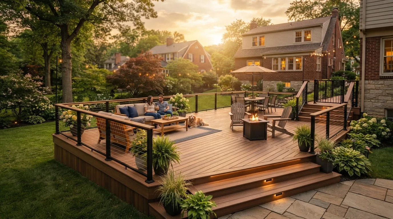 A finished custom composite deck at golden hour on a suburban Pittsburgh home