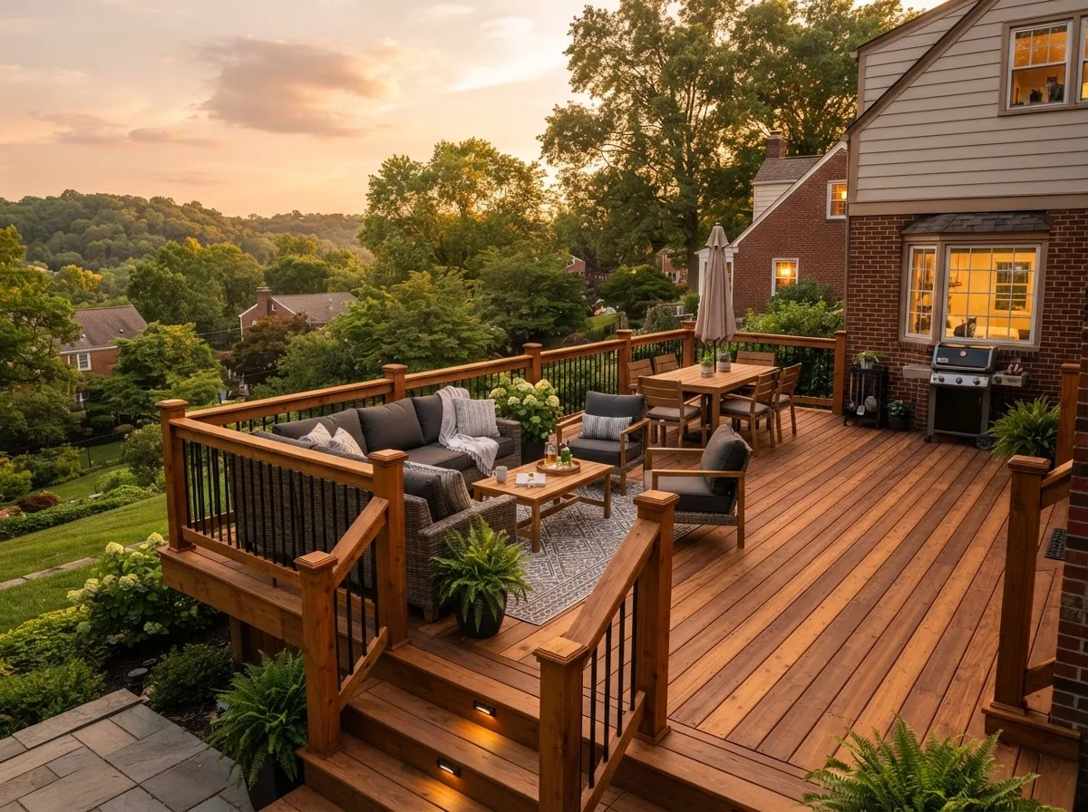 Custom-built backyard deck with warm wood planks