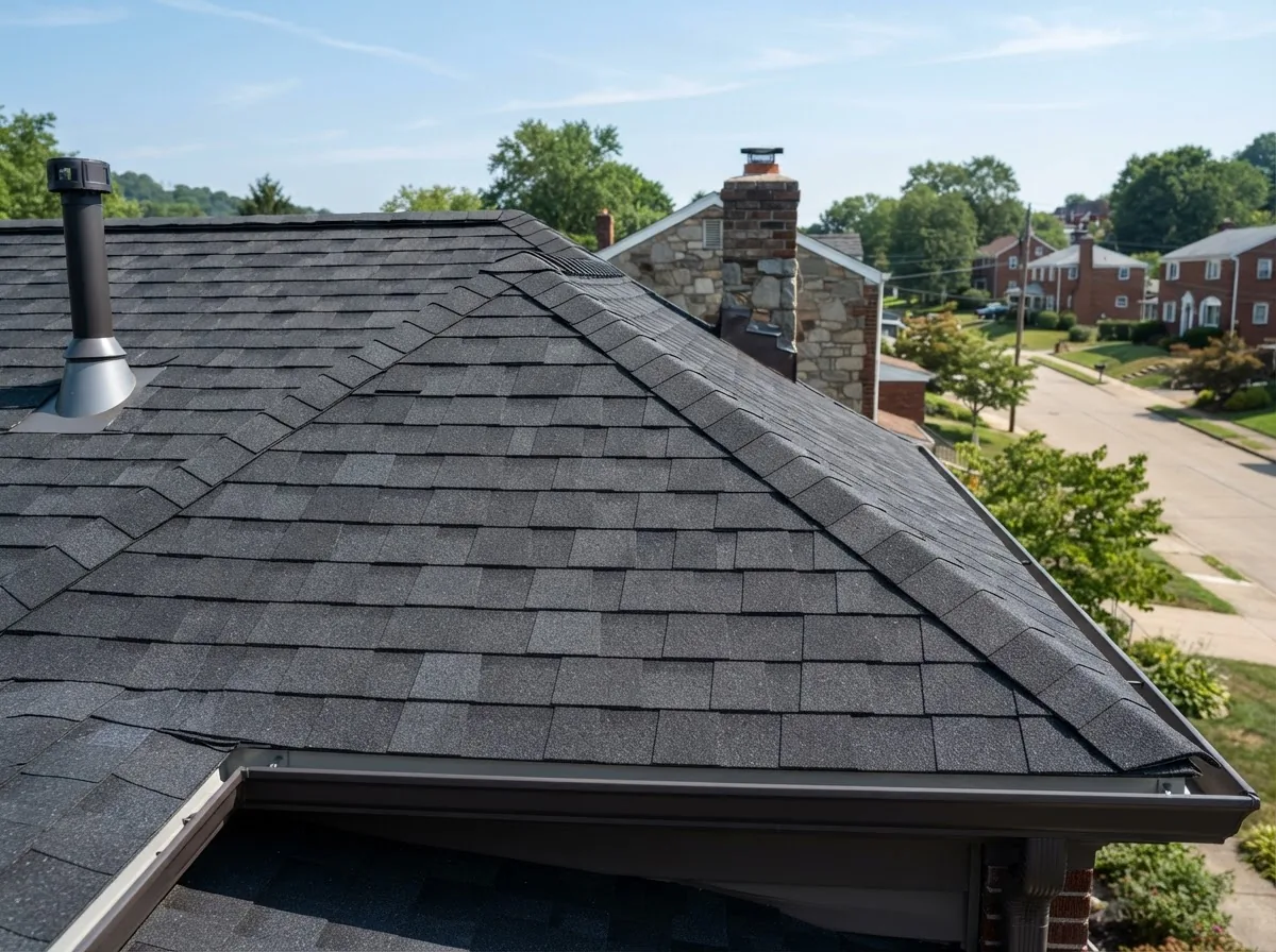 Newly installed asphalt shingle roof on a suburban Pittsburgh home