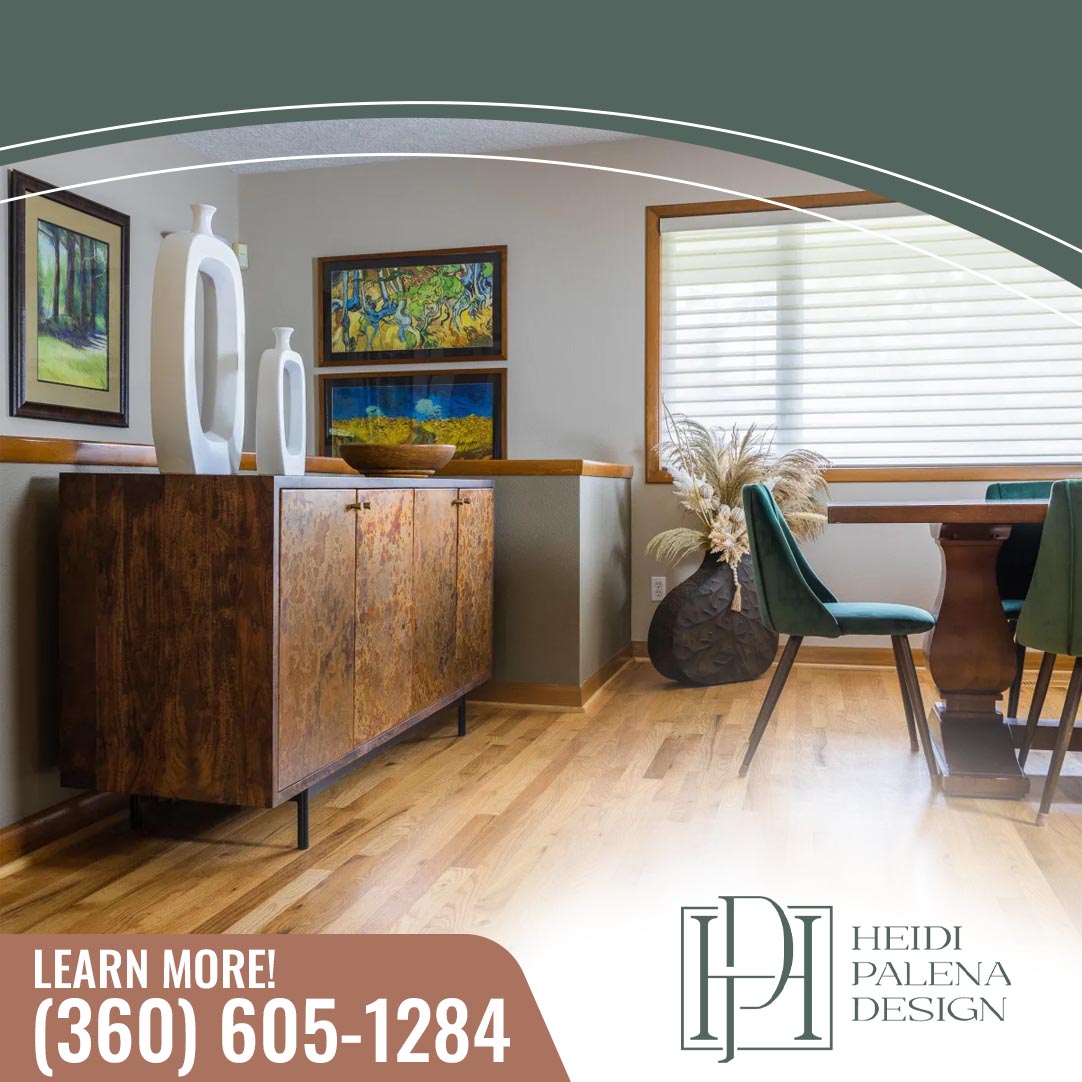 Mid-century dining room with burl wood credenza, green velvet chairs, and colorful landscape artwork