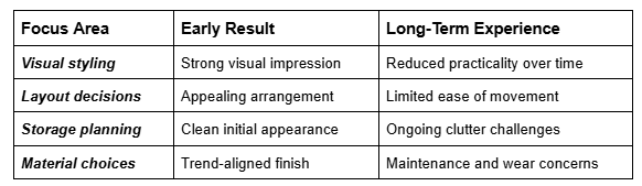 Table comparing early results and long-term experience across four interior design focus areas