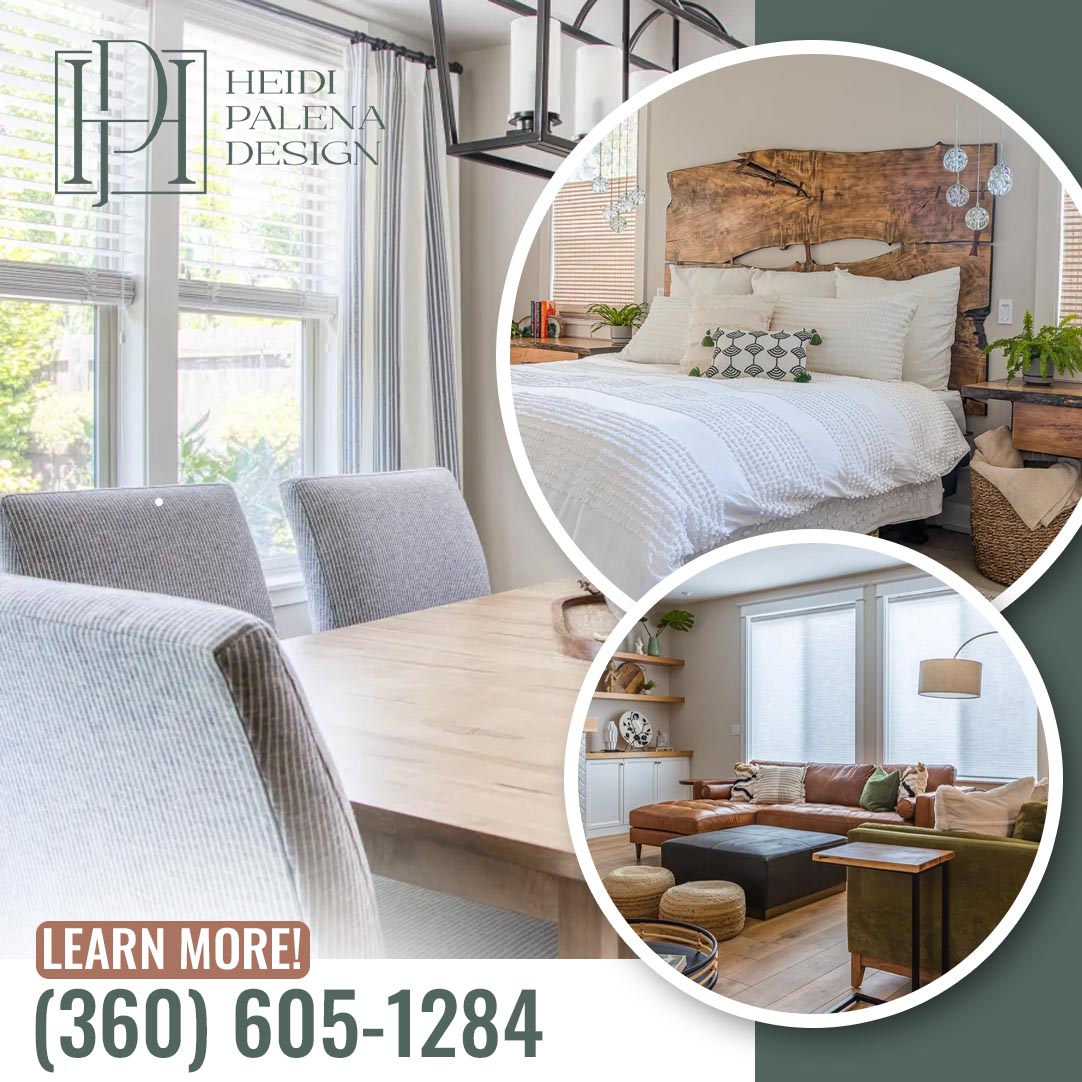  Three-room collage showing a dining area, bedroom with live-edge headboard, and earthy living room