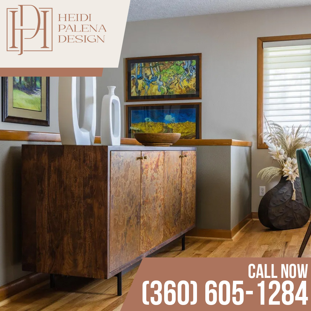 Beautifully styled residential interior featuring a custom wood sideboard, decorative artwork, natural textures, and thoughtfully curated home décor.