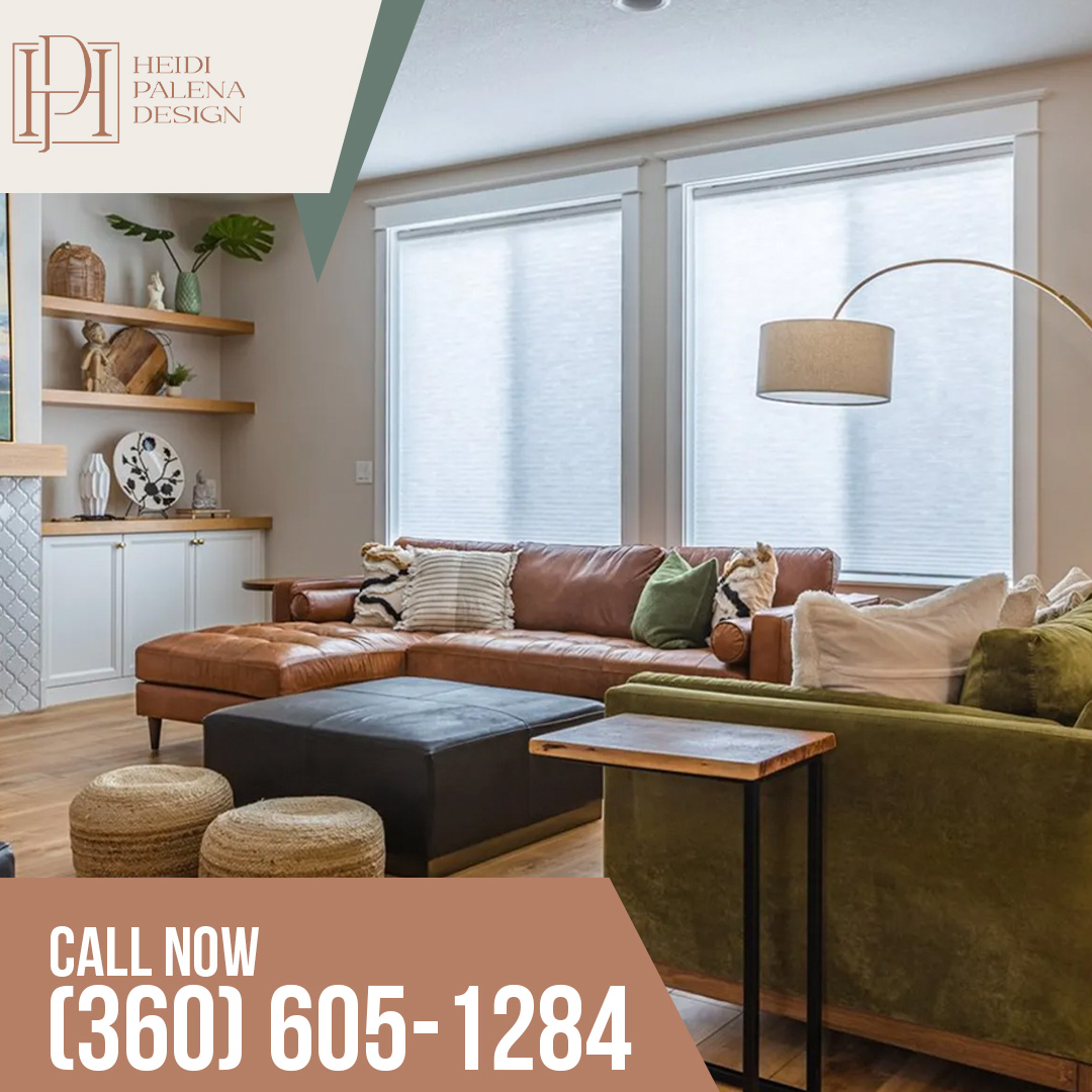 Warm contemporary living room featuring a leather sectional sofa, custom shelving, layered textures, and neutral décor designed for comfort and everyday living.