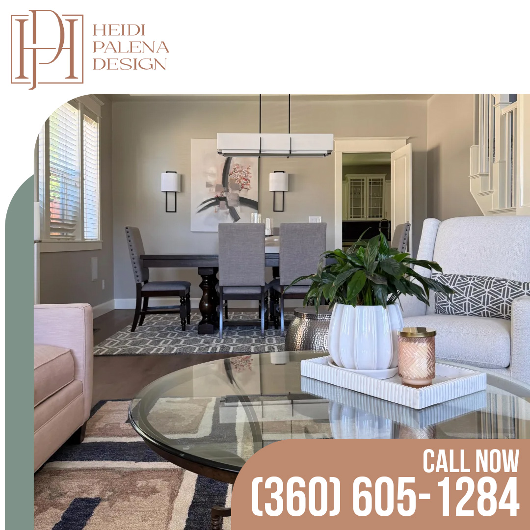 Open-concept living and dining room featuring coordinated furnishings, neutral colors, layered lighting, and decorative accents.