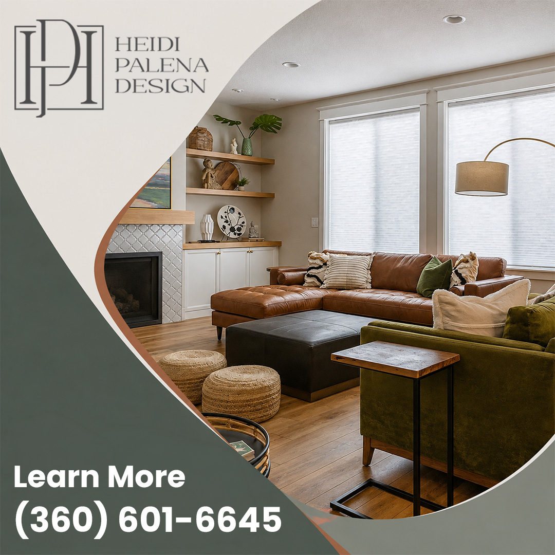 Elegantly styled modern living room with a brown leather sectional sofa, olive green armchair, fireplace, and floating wood shelves.