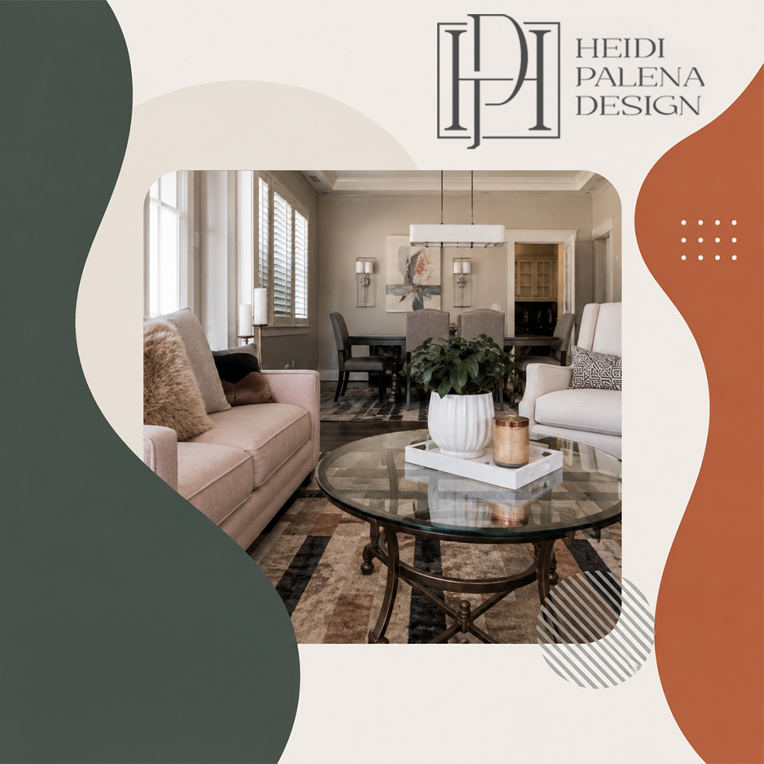 Elegantly decorated living room featuring a round glass coffee table, plush seating, and a view into an adjacent formal dining area.