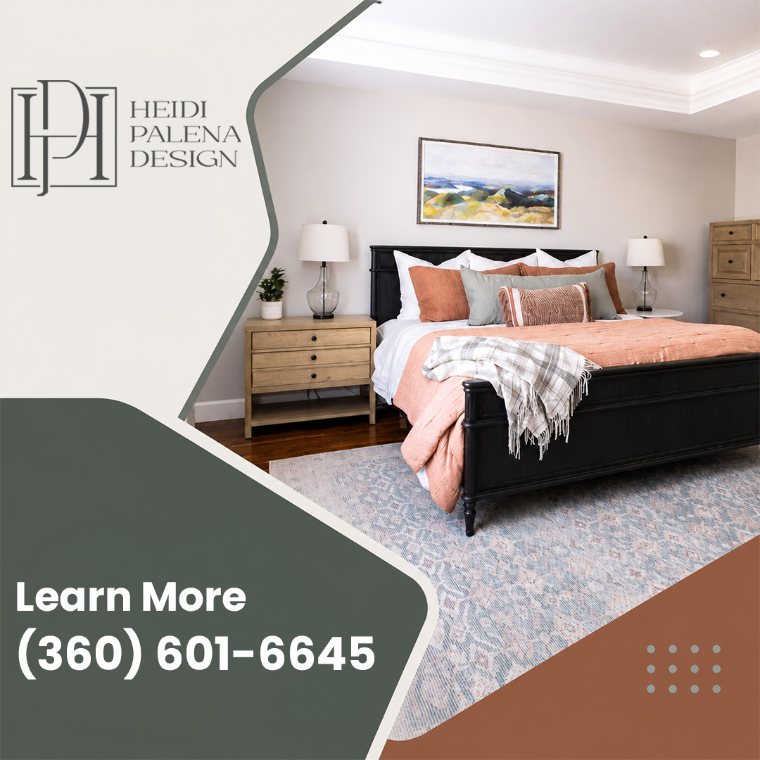 Elegantly styled master bedroom featuring a black wooden bed frame dressed in coral bedding, light wood nightstands, and a patterned area rug.