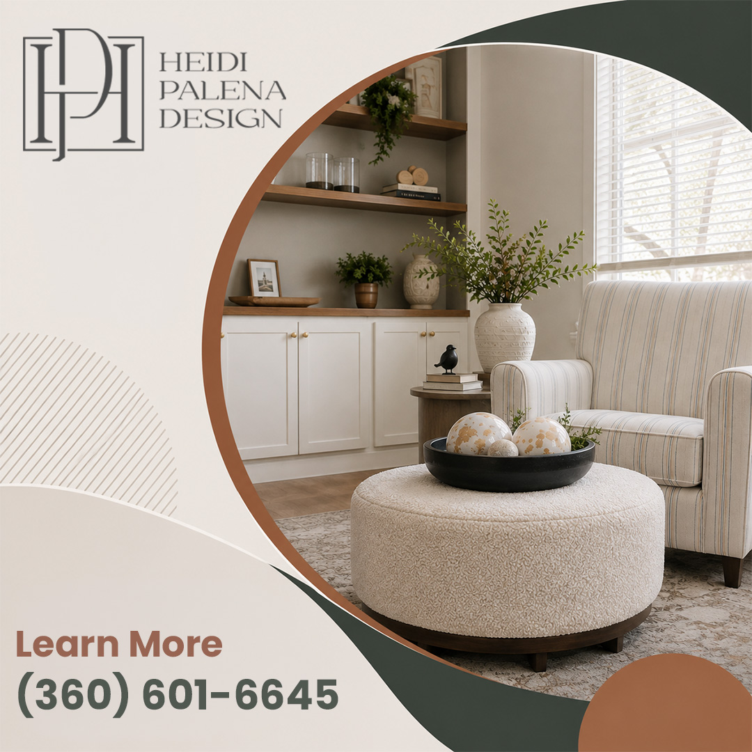 Styled living room nook with a round boucle ottoman, striped armchair, and custom built-in white cabinets with wood floating shelves. Styled living room nook with a round boucle ottoman, striped armchair, and custom built-in white cabinets with wood floating shelves.
