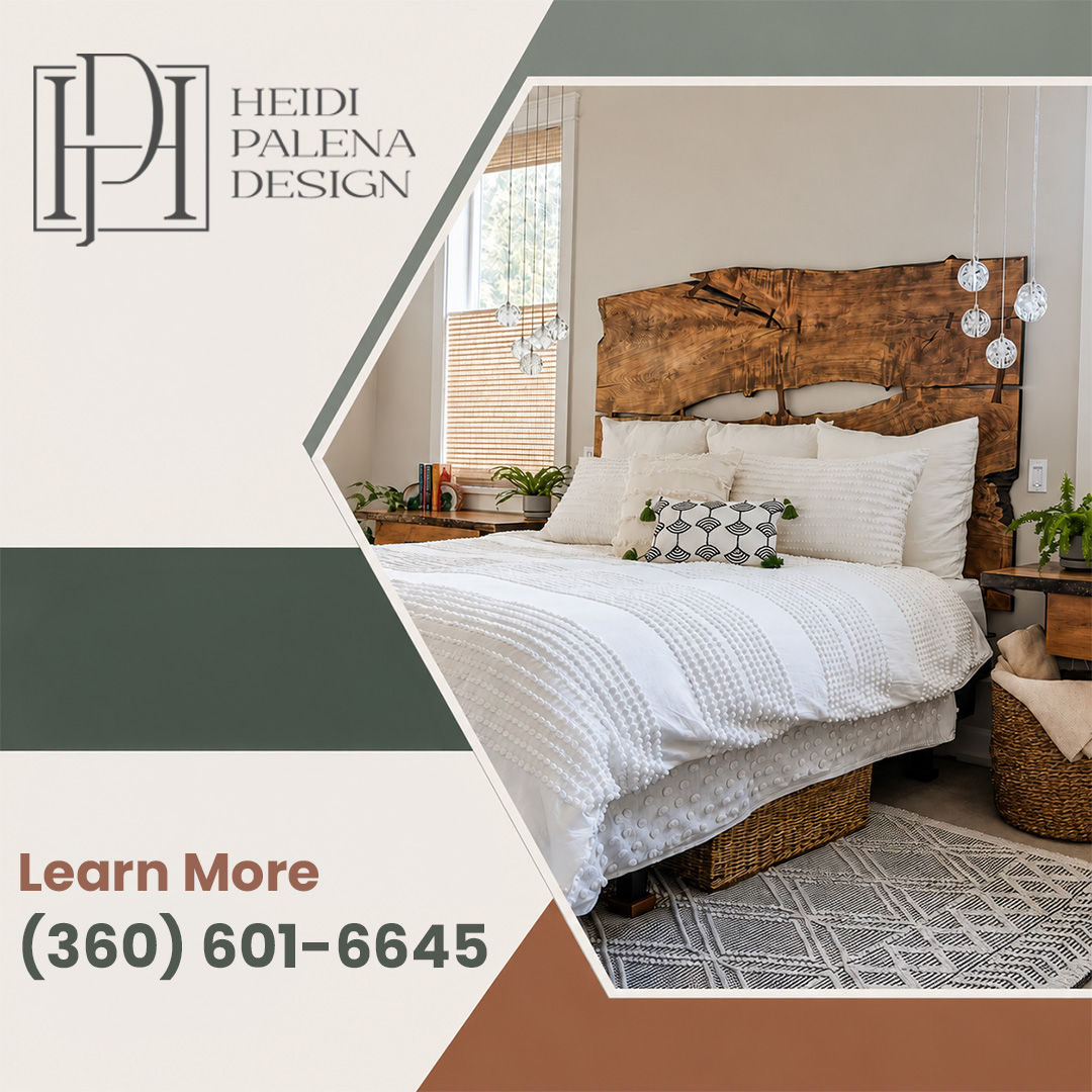 Bright bedroom styled with a live-edge rustic wood headboard, white textured bedding, pendant lighting, and patterned area rug. Bright bedroom styled with a live-edge rustic wood headboard, white textured bedding, pendant lighting, and patterned area rug.