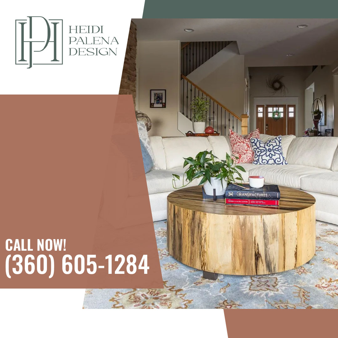 Elegantly styled living room featuring a round natural wood coffee table, potted plant, books, patterned rug, and a plush white sectional sofa. Elegantly styled living room featuring a round natural wood coffee table, potted plant, books, patterned rug, and a plush white sectional sofa.