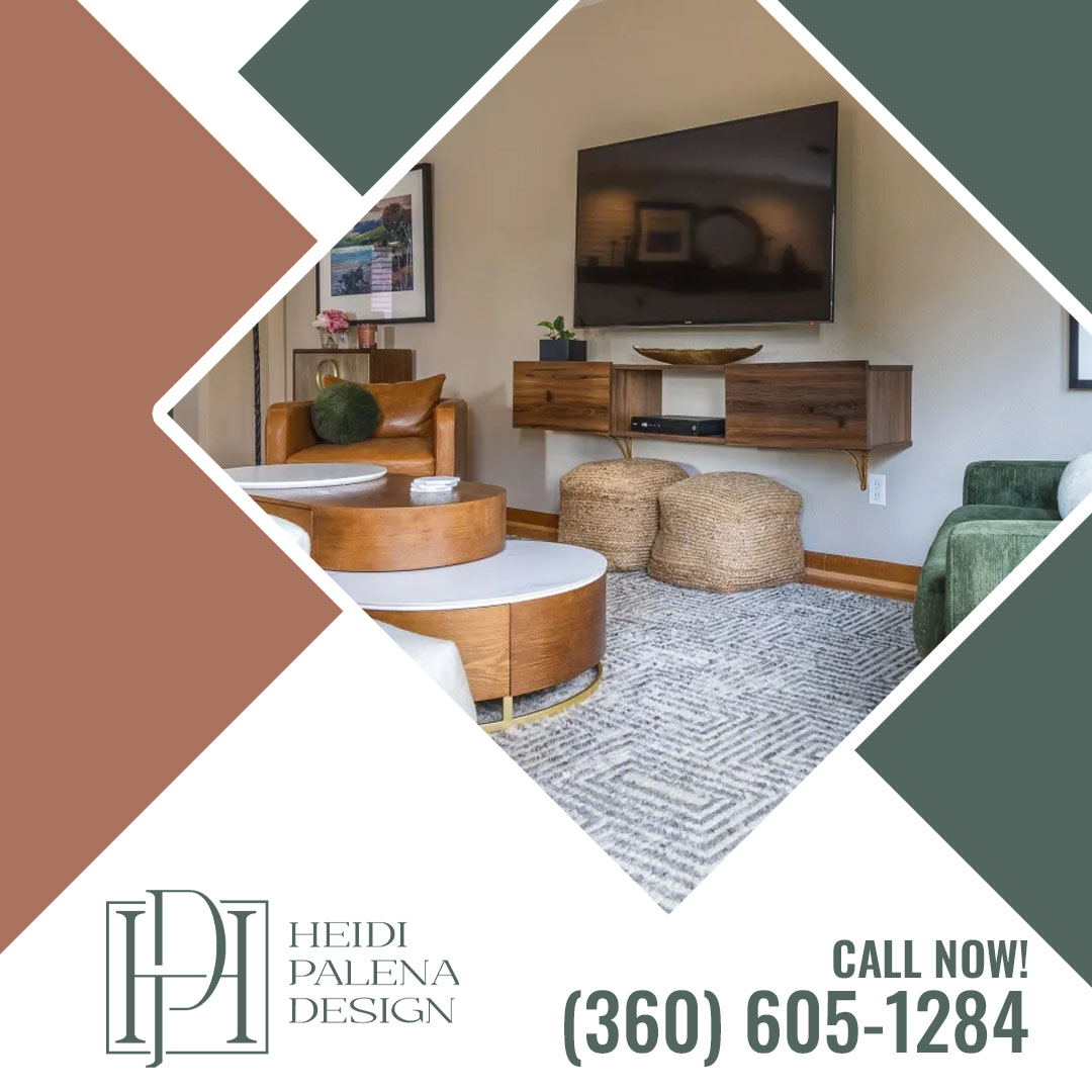 Styled contemporary living room featuring a wall-mounted floating TV console, round tiered coffee tables, leather armchair, woven poufs, and patterned geometric area rug.