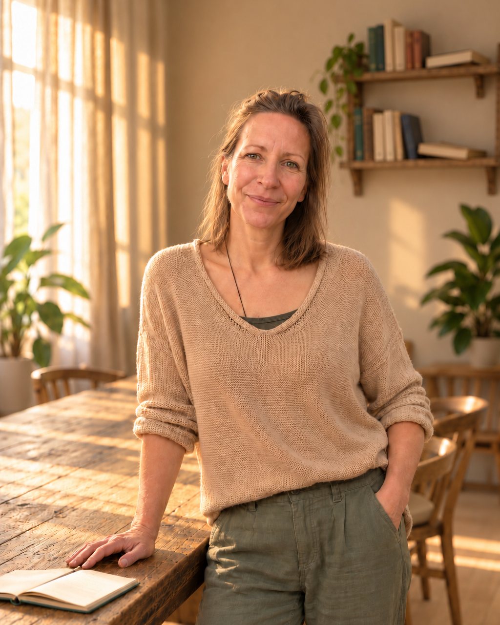 Mit KI bearbeitetes Bild nach Fotos von Andi und Katrin: Katrin lehnt lächelnd an einem alten Holztisch