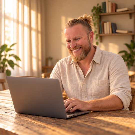 Mit KI bearbeitetes Bild nach Fotos von Andi und Katrin: Andi arbeitet am Laptop
