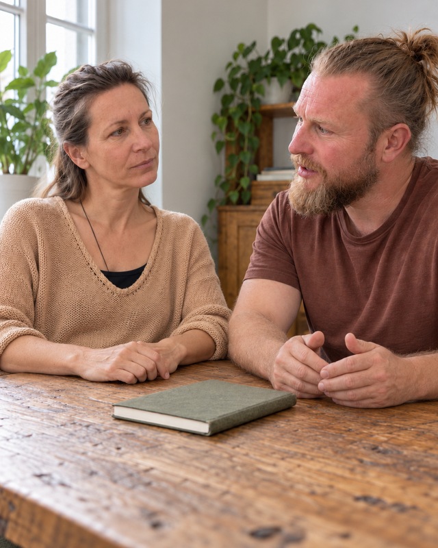 Mit KI bearbeitetes Bild nach Fotos von Andi und Katrin: Andi erzählt, Katrin hört ihm am Tisch zu