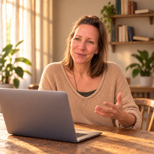 Mit KI bearbeitetes Bild nach Fotos von Andi und Katrin: Katrin spricht in einem Webinar am Laptop