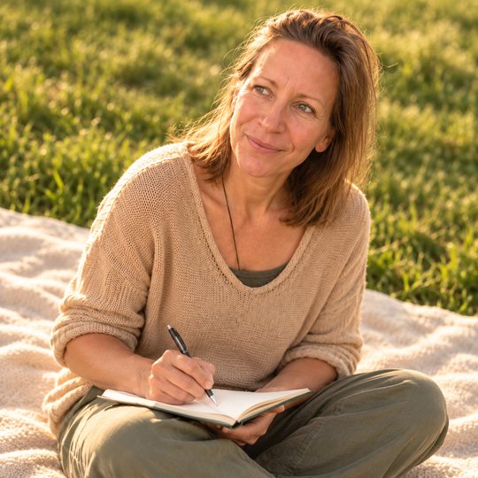 Mit KI bearbeitetes Bild nach Fotos von Andi und Katrin: Katrin schreibt draussen in ein Notizbuch
