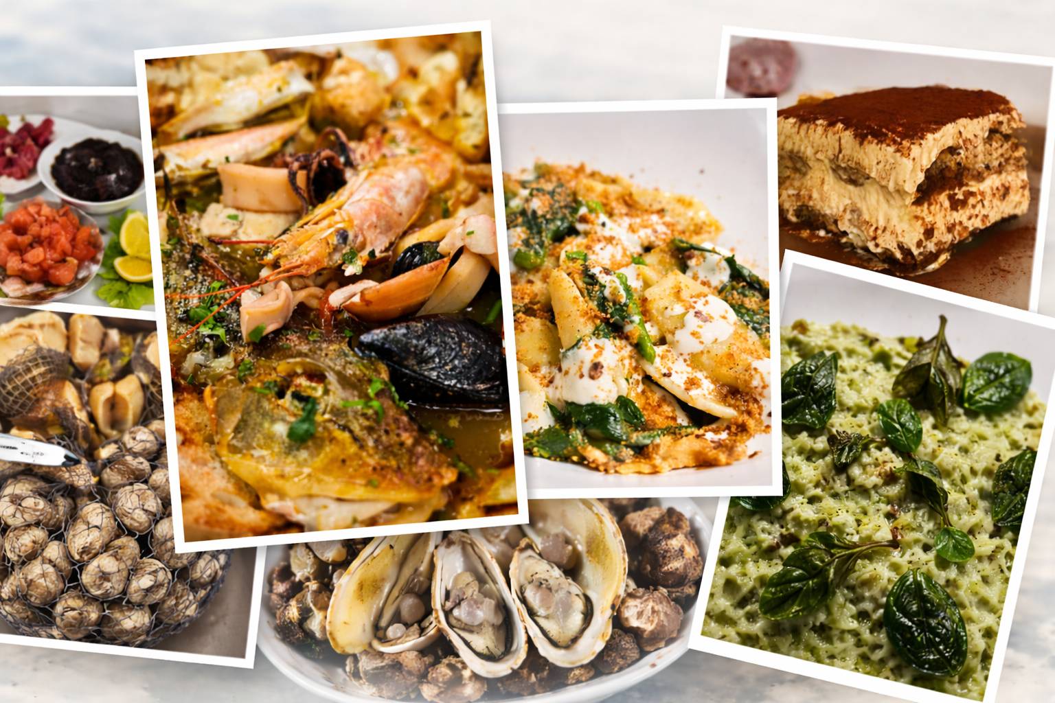 Collage di piatti di mare e specialità italiane