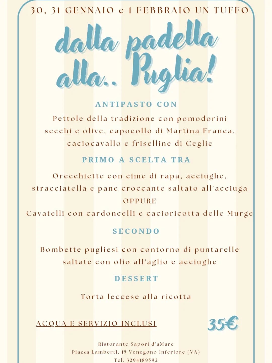 Locandina evento Dalla Padella alla Puglia 30 gennaio-1 febbraio Sapori d'Amare Venegono Inferiore
