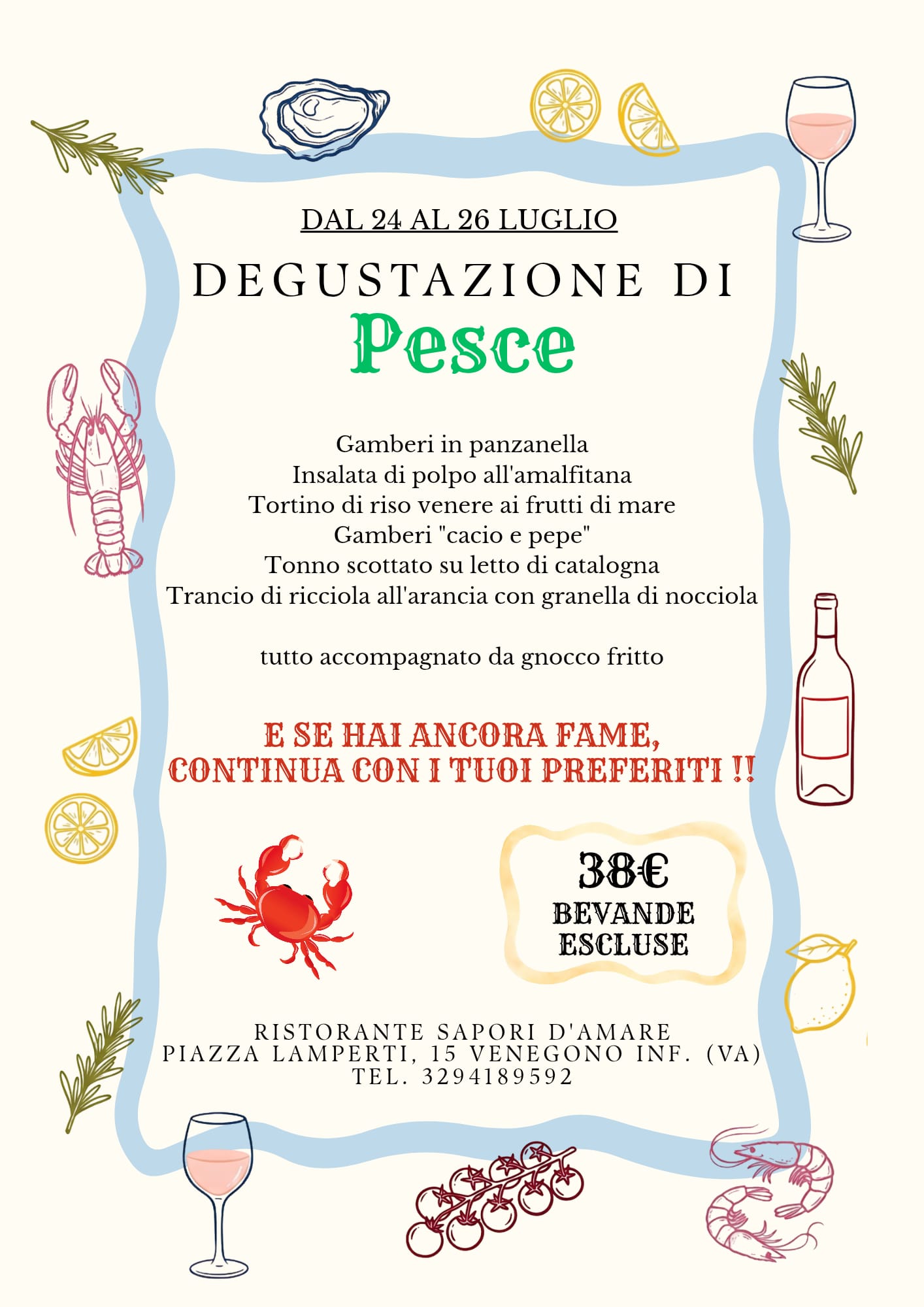 Locandina degustazione di pesce 24-26 luglio Sapori d'Amare Venegono Inferiore