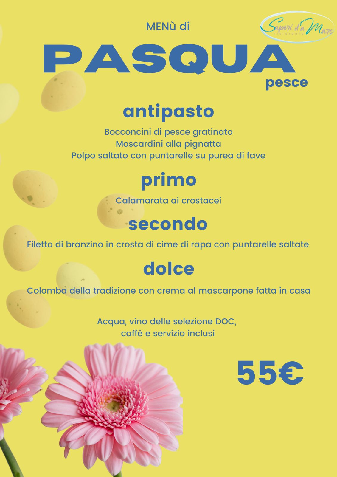Locandina menu di Pasqua pesce con filetto di branzino Sapori d'Amare Venegono Inferiore
