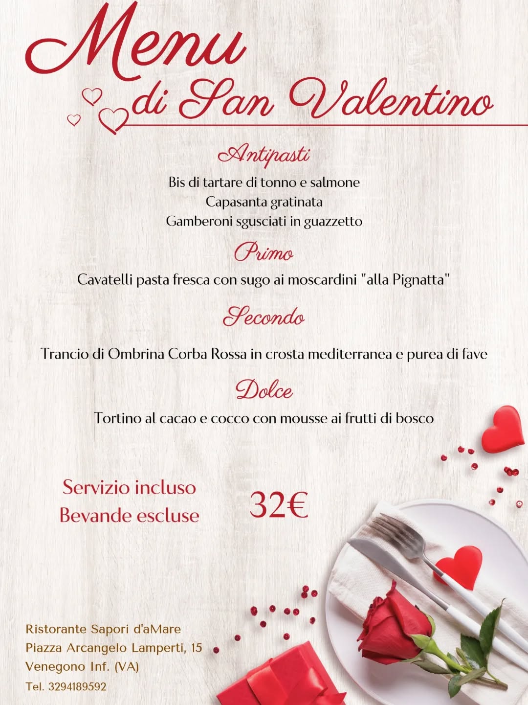 Locandina menu di San Valentino Sapori d'Amare Venegono Inferiore