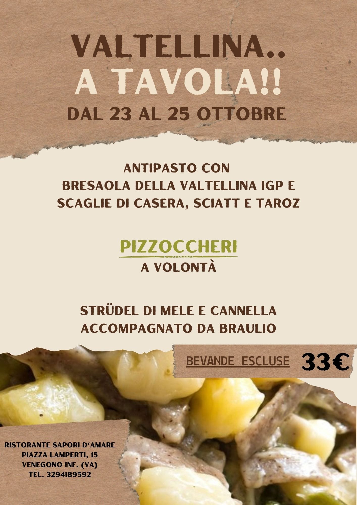 Locandina evento Valtellina a Tavola 23-25 ottobre Sapori d'Amare Venegono Inferiore