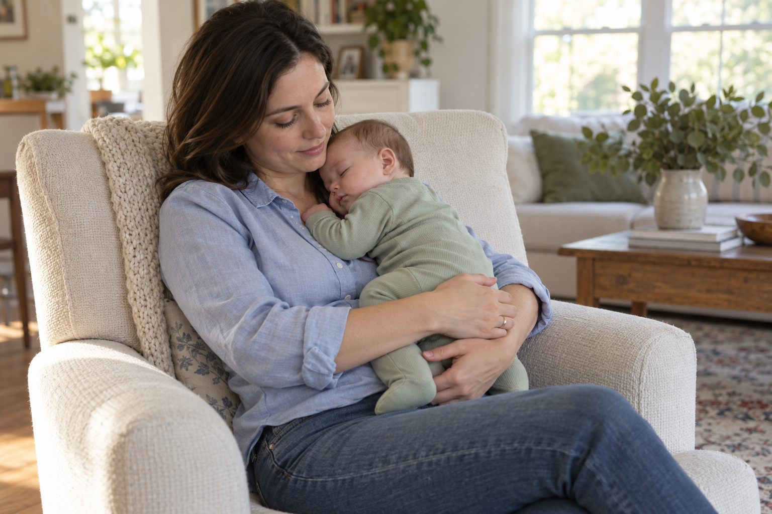 Mother holding her sleeping baby after breastfeeding Mother holding her sleeping baby after breastfeeding