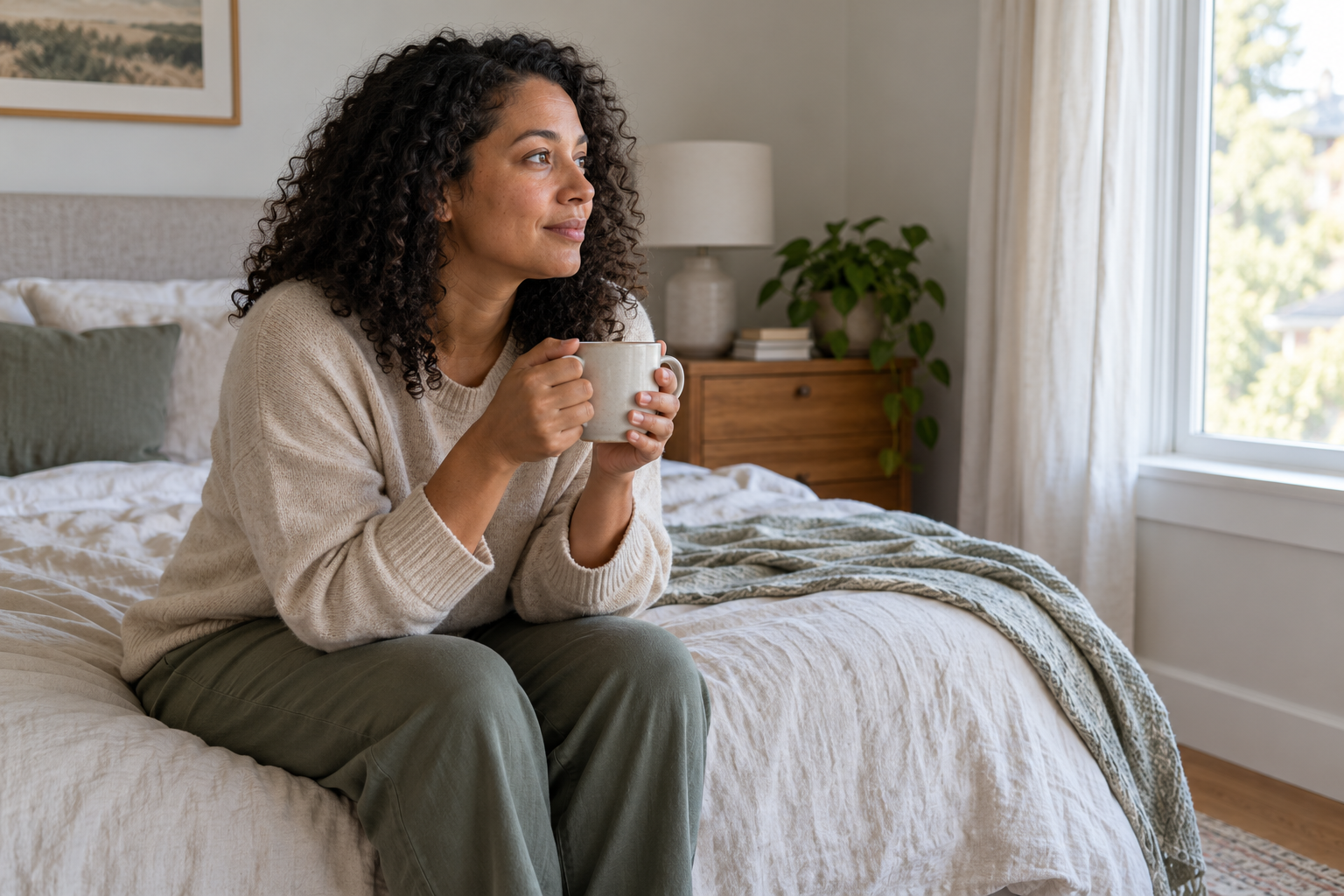 Woman having a thoughtful morning by the window Woman having a thoughtful morning by the window
