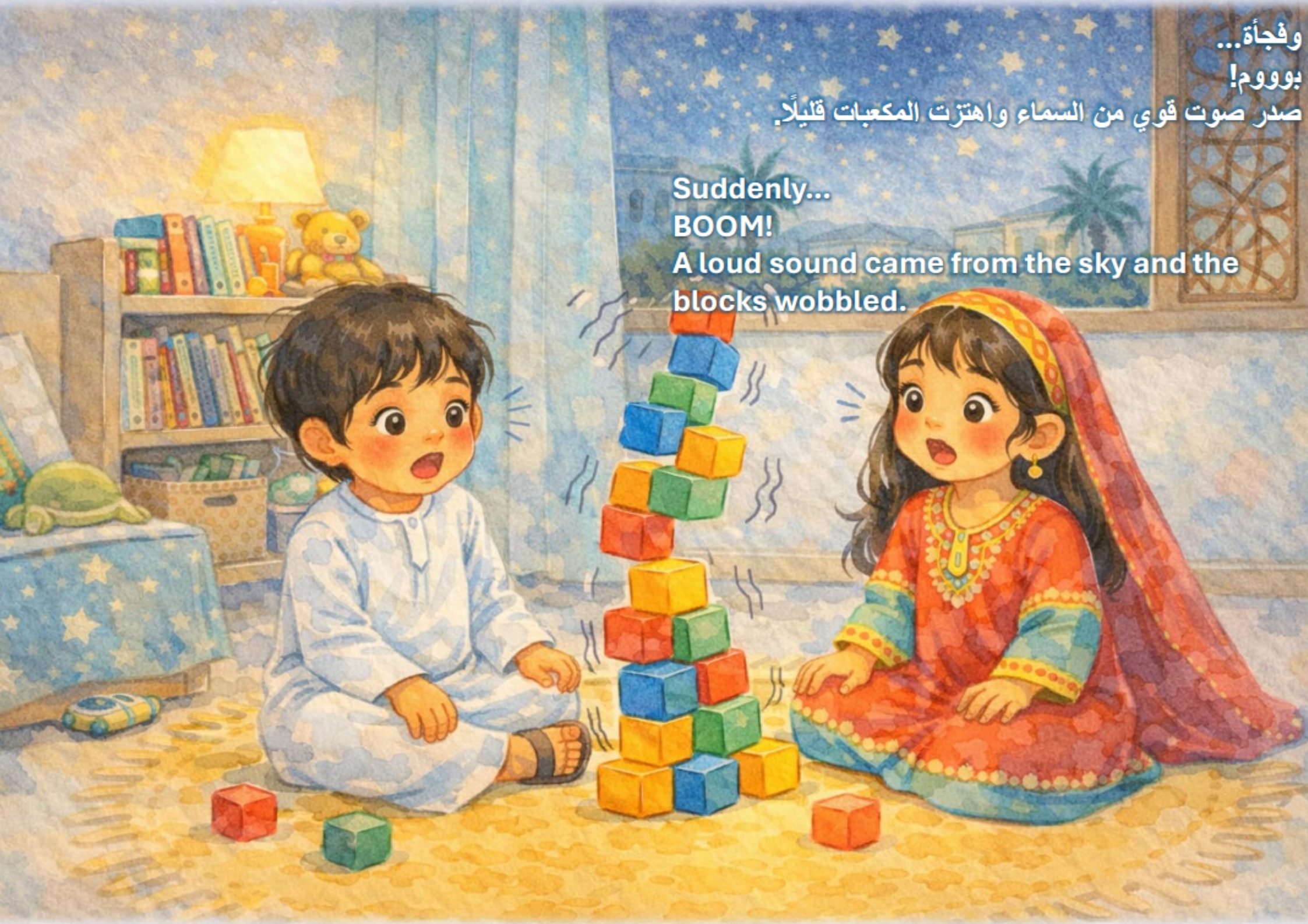 Sudden loud boom from the sky shaking the children’s block tower Sudden loud boom from the sky shaking the children’s block tower