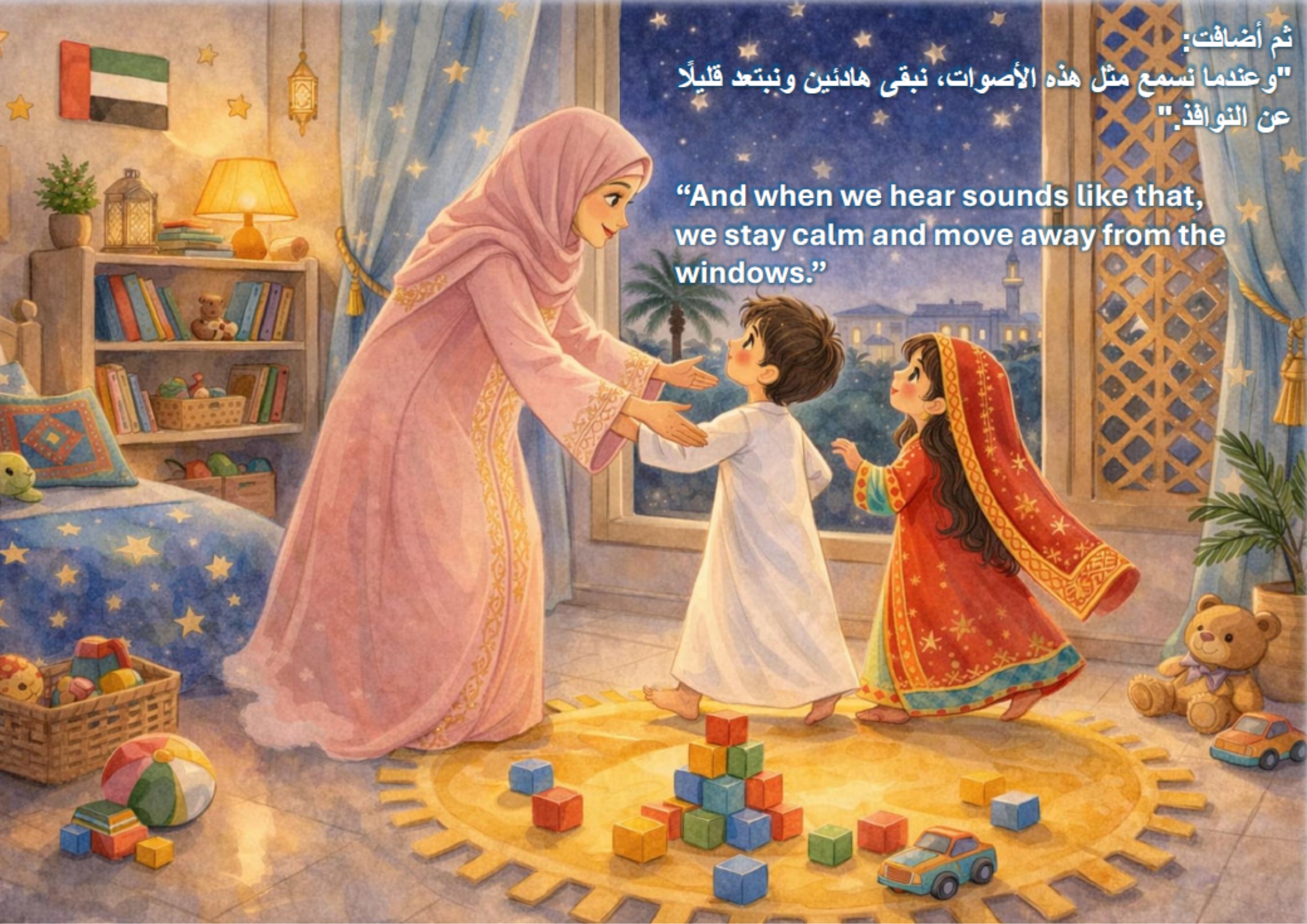 Mother advising children to stay calm and move away from windows when they hear the sound Mother advising children to stay calm and move away from windows when they hear the sound