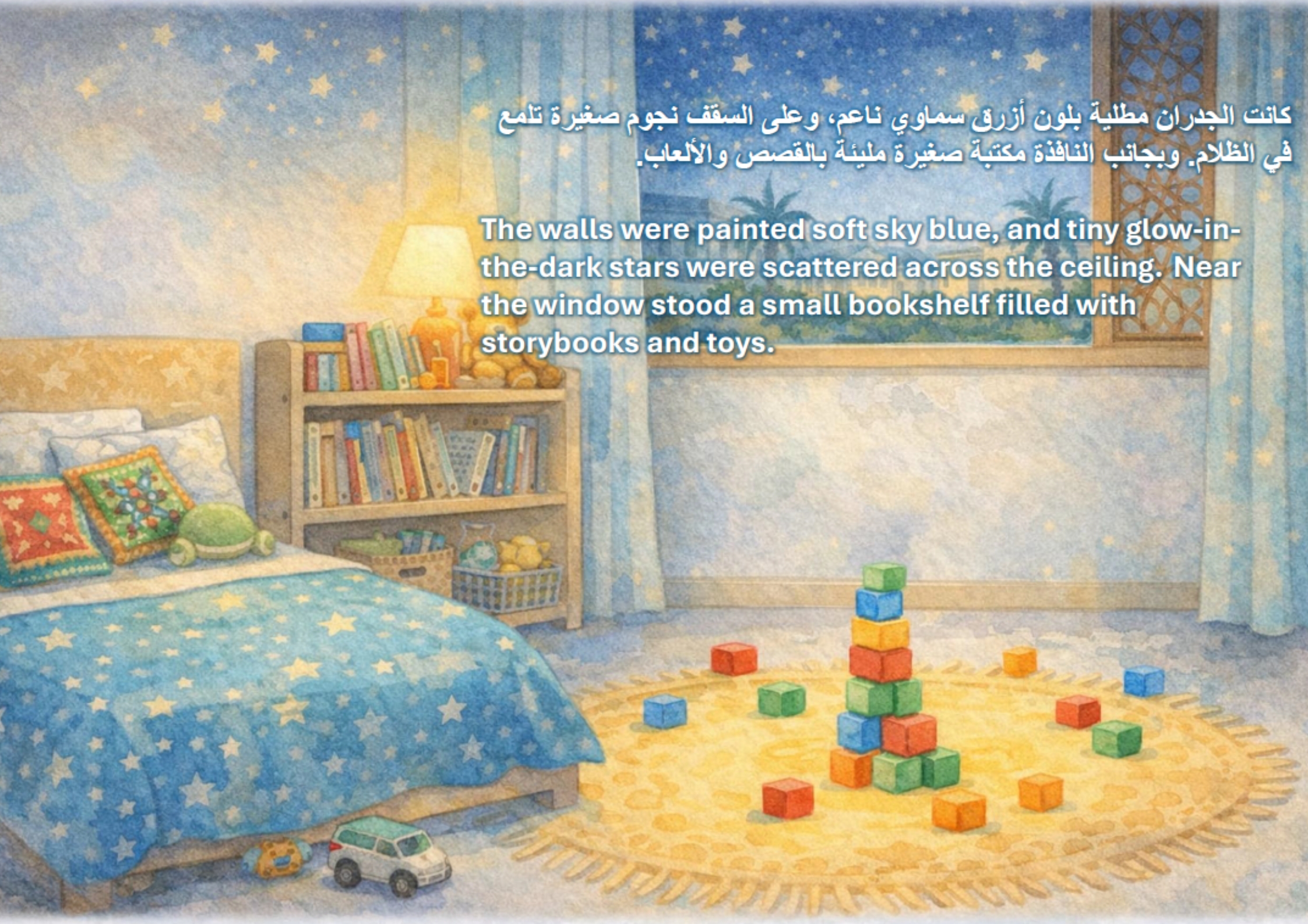 Cozy children’s room with blue walls, glowing stars, and a bookshelf Cozy children’s room with blue walls, glowing stars, and a bookshelf