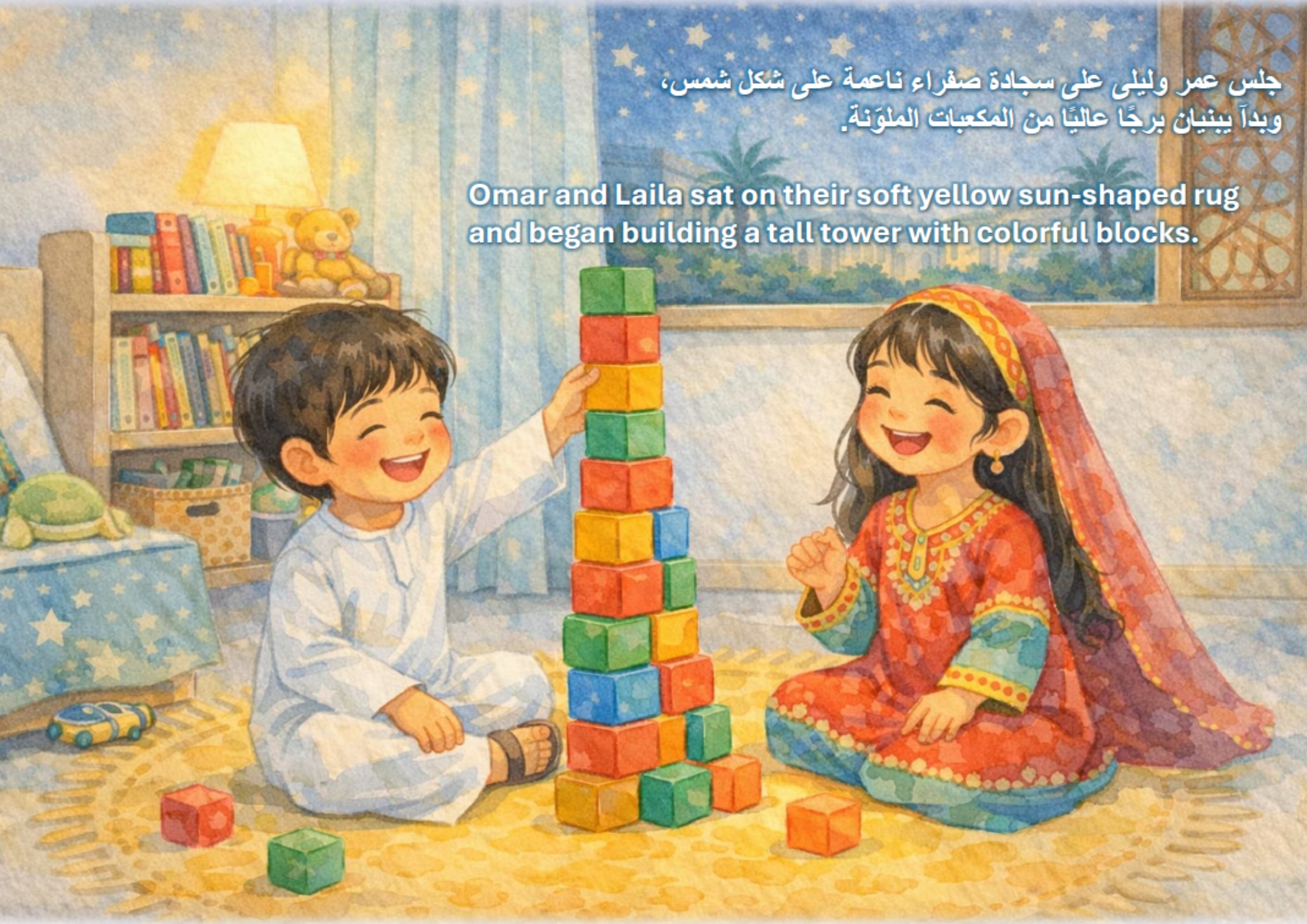 Omar and Laila building a tall tower with colorful blocks Omar and Laila building a tall tower with colorful blocks