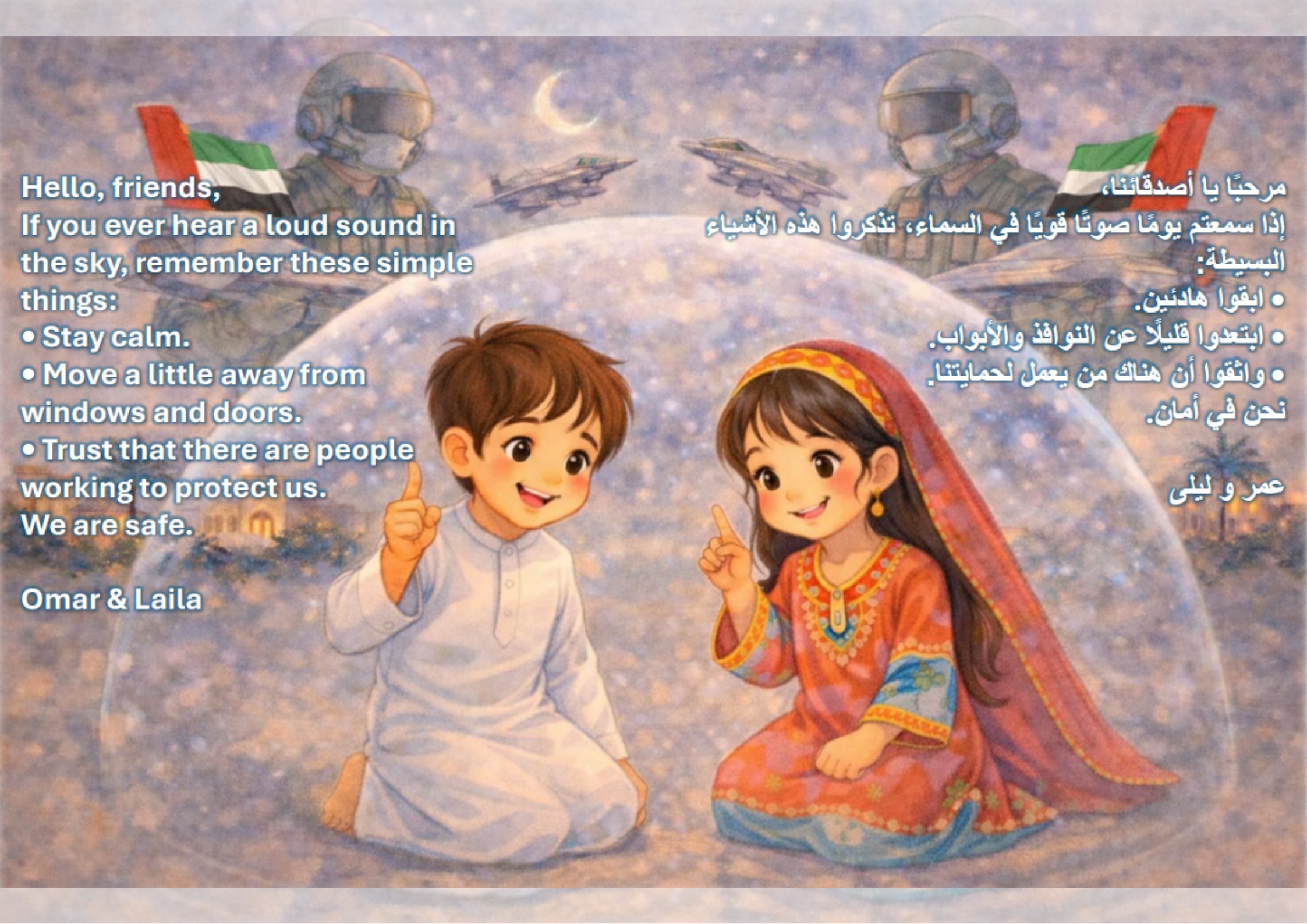 Simple safety reminders for children: stay calm and move away from windows, trust that our superheroes are working to protect us Simple safety reminders for children: stay calm and move away from windows, trust that our superheroes are working to protect us