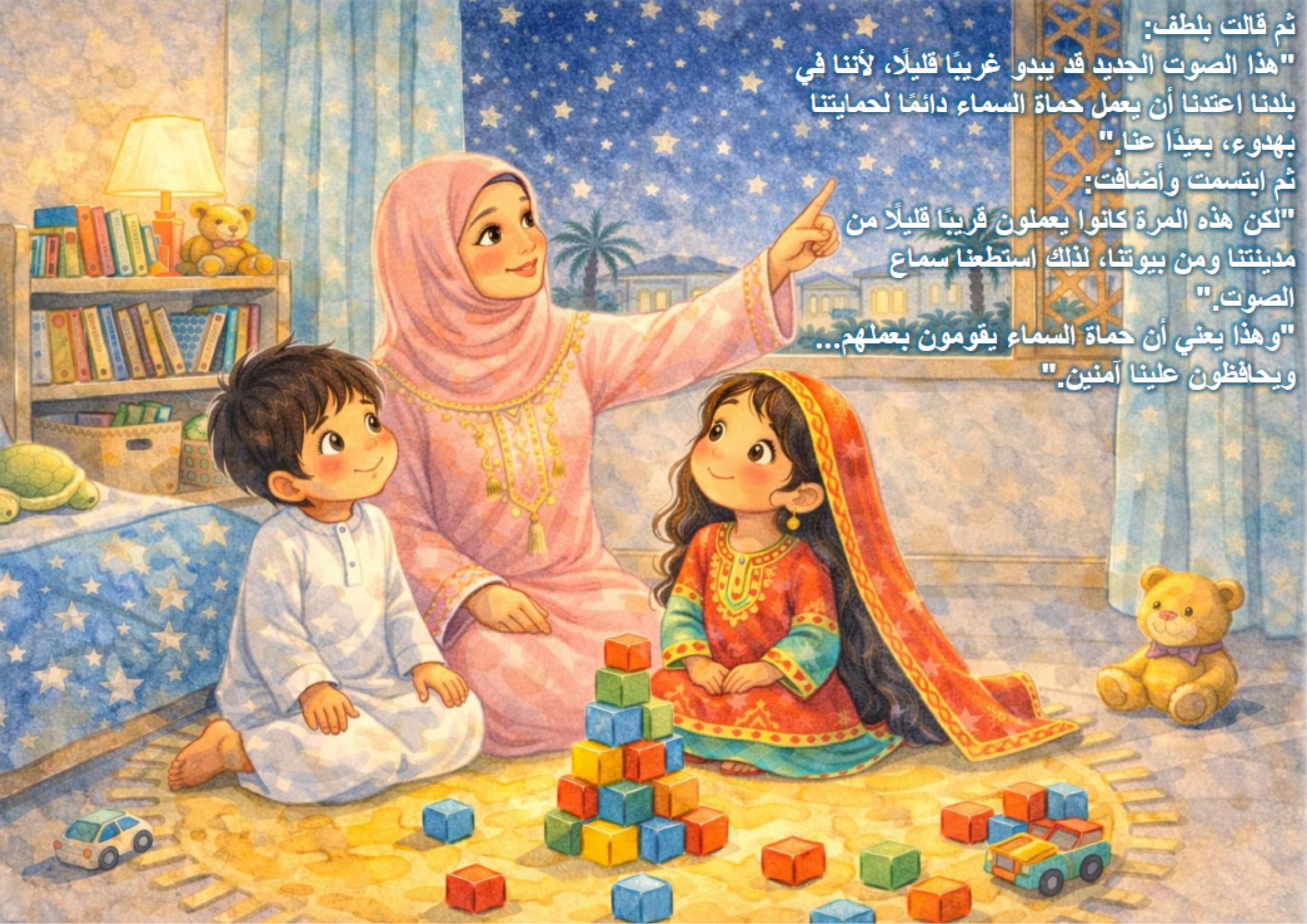 Mother explaining that protectors in the sky keep everyone safe Mother explaining that protectors in the sky keep everyone safe