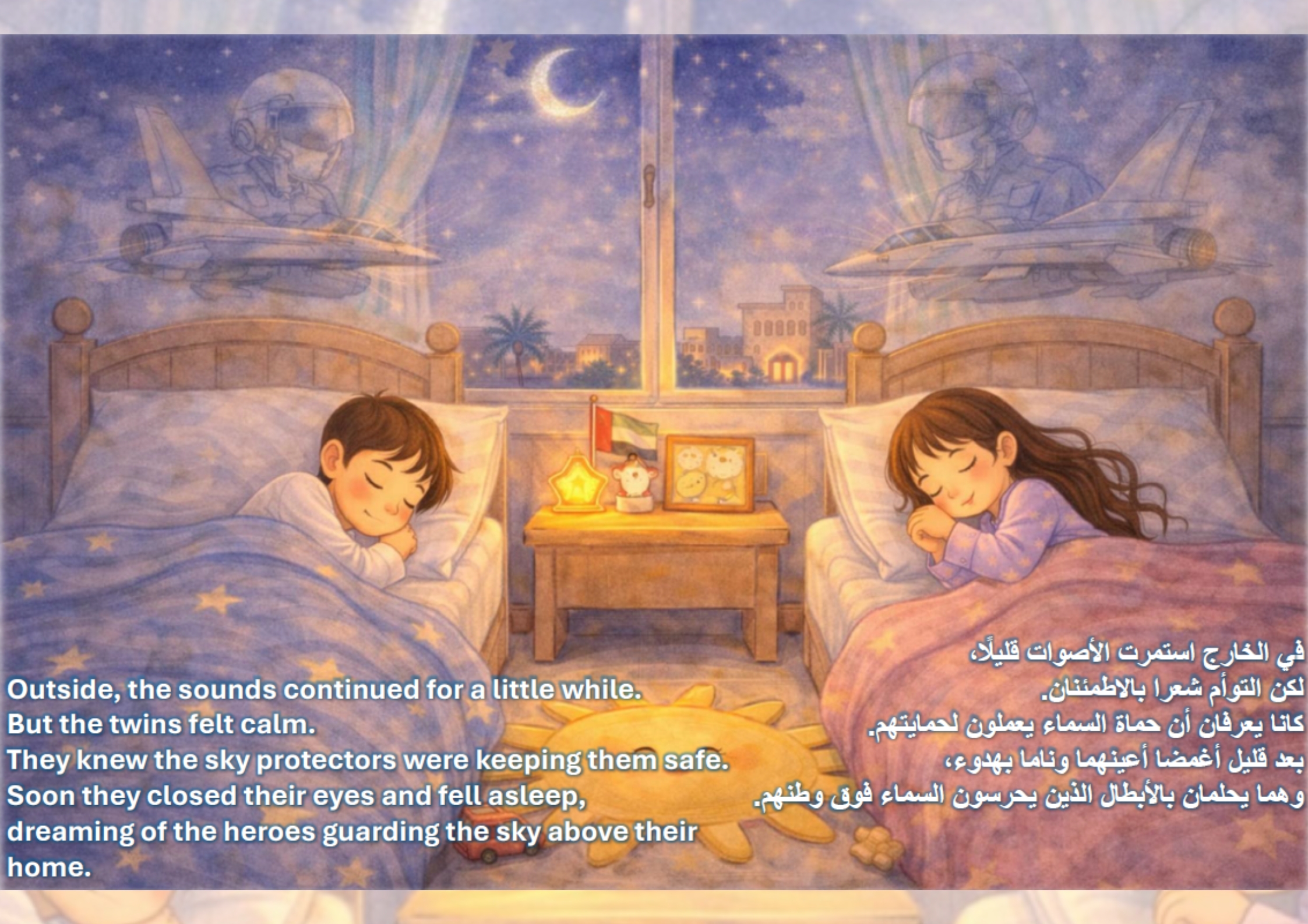 Omar and Laila feeling calm eventhough there are sounds outside, as they know that the sky protectors are working hard to keep them safe Omar and Laila feeling calm eventhough there are sounds outside, as they know that the sky protectors are working hard to keep them safe